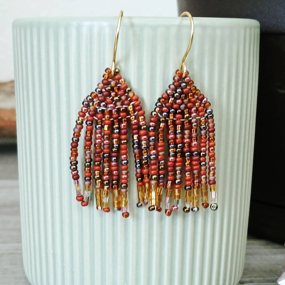BOGO EARRINGS Small Brown & Gold Beaded Fringe Dangle Earrings, 2"